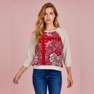 NWT Tiny by Anthropologie Cropped Top 3/4 Sleeve Paisley Small Red Ivory
